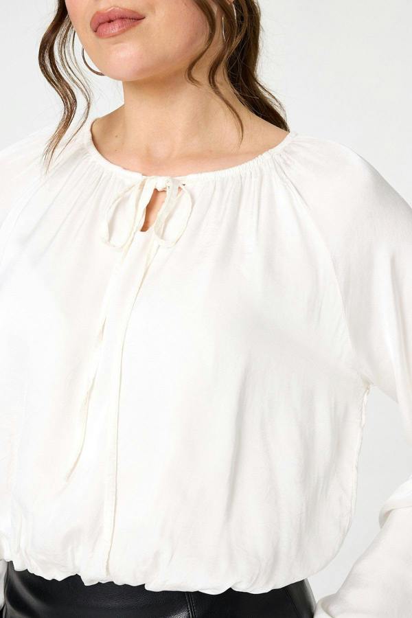 Cream | Tie Front Long Sleeve Bubble Hem Blouse