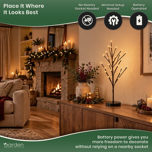 Snowy Brown Birch Christmas Twig Tree with Warm White LED Lights, 60cm Battery Powered Indoor Decorative Tree, 24 LEDs
