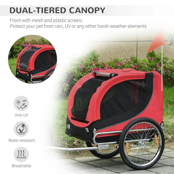 Red and black dual-canopy dog bike trailer with front mesh and UV protection