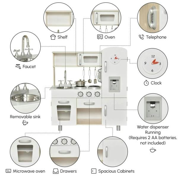 Labeled kids wooden pretend play kitchen set with faucet, removable sink, clock, and telephone