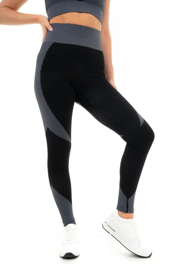 Women's Textured High Waist Panel Leggings with Striped Design - Black / Grey