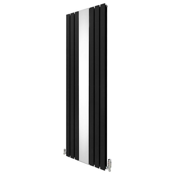 Flat black mirror radiator with vertical slats, measuring 1800mm x 565mm, featuring sleek chrome valves for modern decor