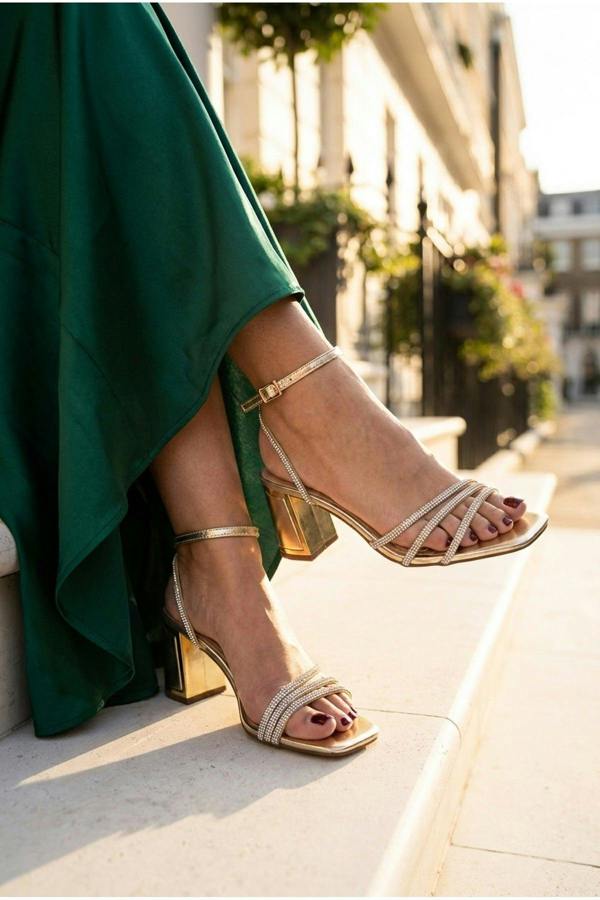 Cordelia Rhinestone Strap Block Heel Sandals | colour:GOLD