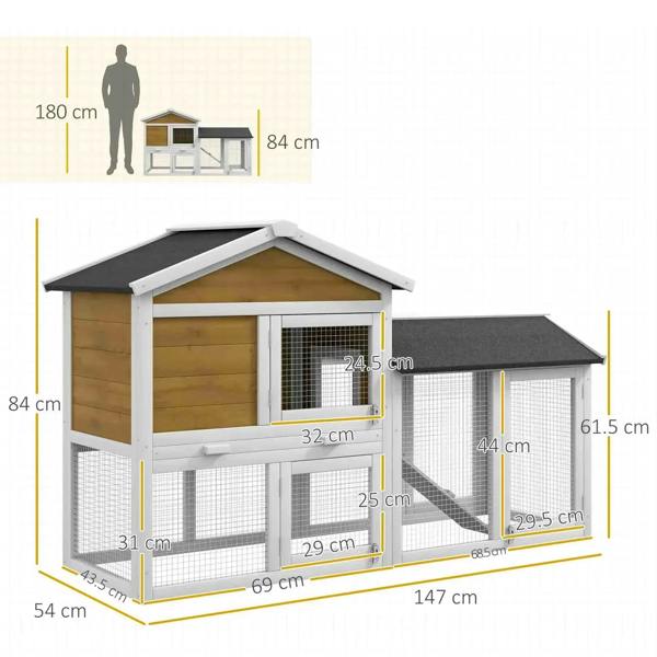 Yellow double-tier outdoor rabbit hutch with ramp and dark roof, dimension diagram shown