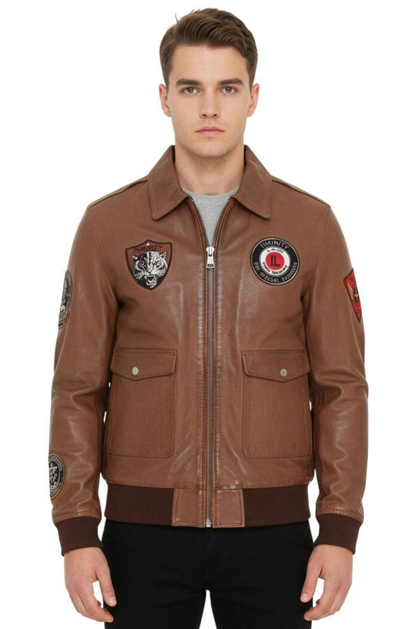Infinity Leather Men’s Leather Bomber G-1 Aviator Collar Jacket  - Maverick