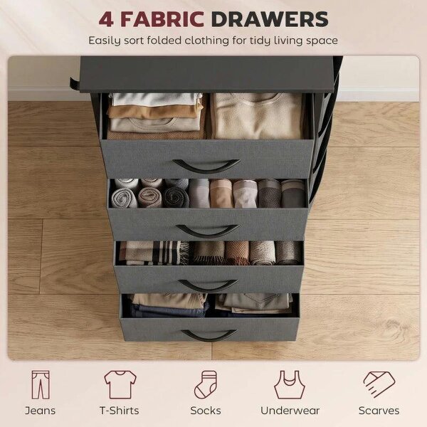Chest of Drawers, Dresser with 4 Fabric Drawers, 4 Pockets, 2 Hooks and Steel Frame, Storage Unit, Grey