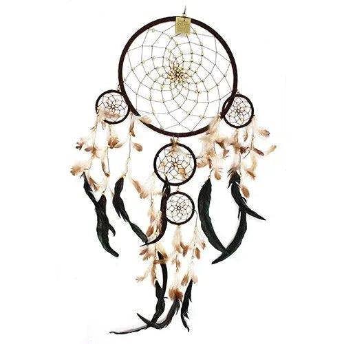 Dark round dreamcatcher with black hoop, gold web, and mixed light and dark feathers