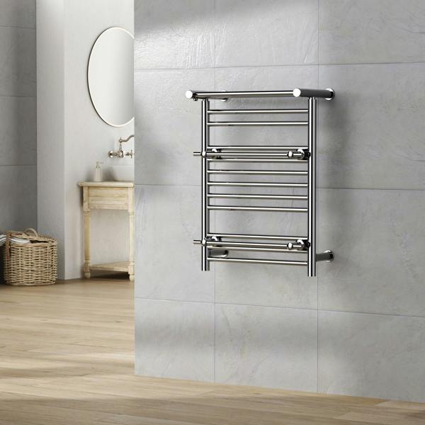 MYHOMEWARE 490mm Wide Electric Chrome Heated Towel Rail Radiator Top Shelf & Two Towel Holder OSLO For Bathroom - AF Thermostatic Element