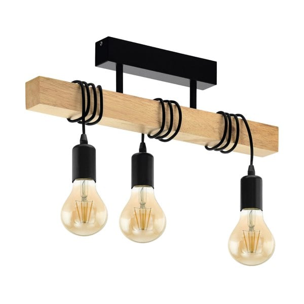 EGLO Townshend Black/Natural Metal And Wood 3-Light Pendant - Industrial Style (D) 55cm