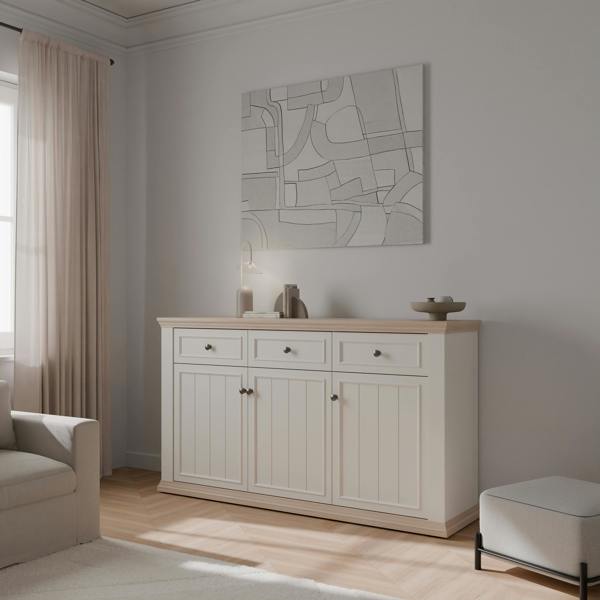 Furniture To Go Pontypool 3 Drawer & 3 Door Sideboard in White and Riva Oak