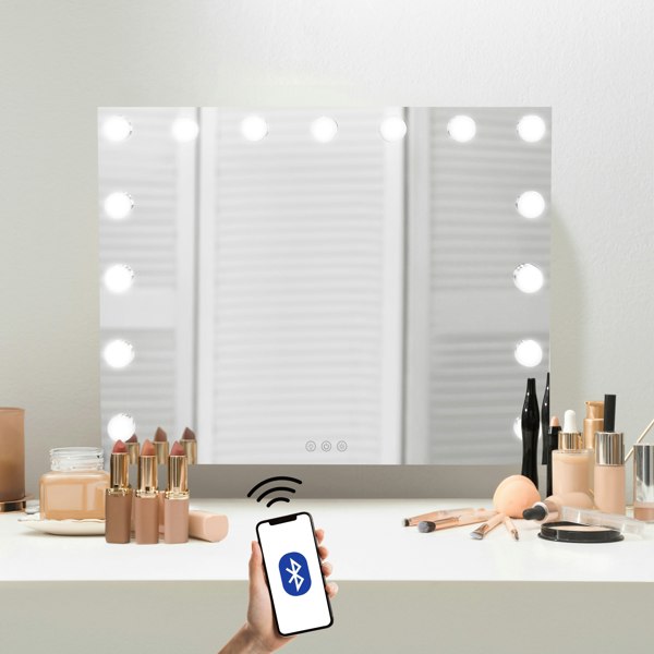 LED Bluetooth mirror, 58 x 46cm, features bright round bulbs, sleek glass surface, and a smartphone controlling feature, perfect for makeup application