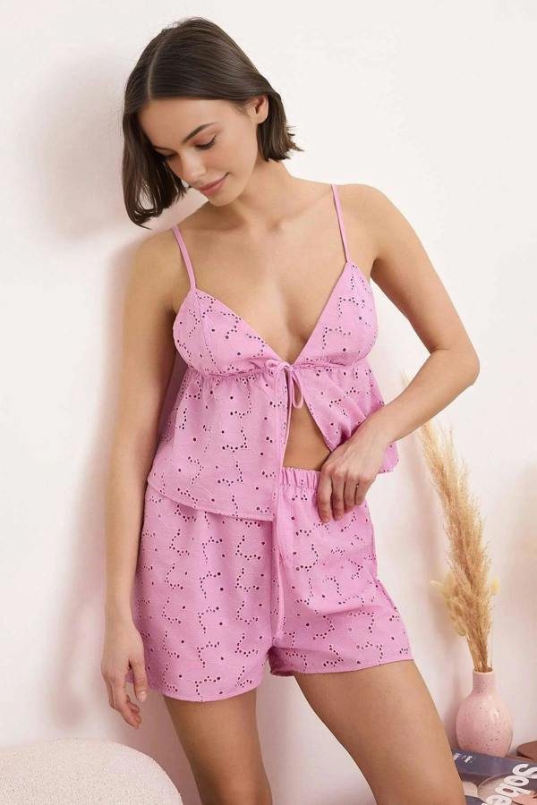 WOVCOR Floral Embroidered Lined Cami Top and Shorts Pyjama Set