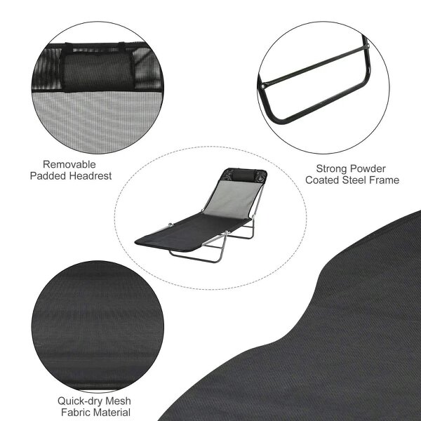 Bobobiy Outdoor Foldable Sun Lounger, Adjustable Backrest Garden Recliner Sun Lounger Chair with Headrest Pillow, Black