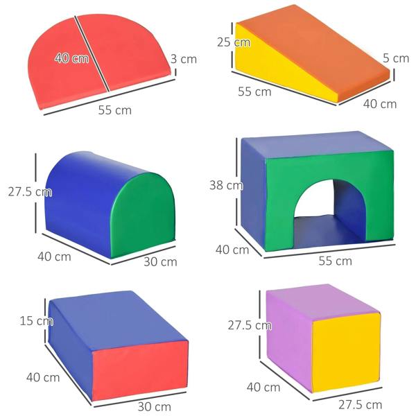 Soft playset block shapes shown with size measurements for tunnel and platforms