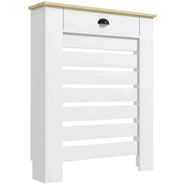 White radiator cover cabinet with front slats and top drawer, black knob