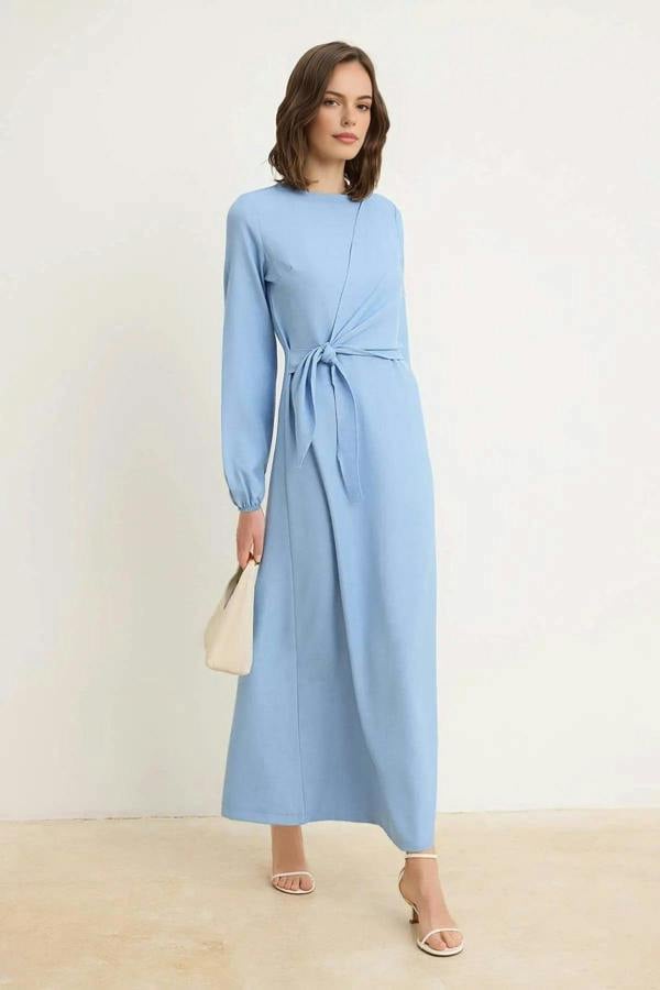 WOVCOR Tie Waist Long Sleeve Maxi Dress