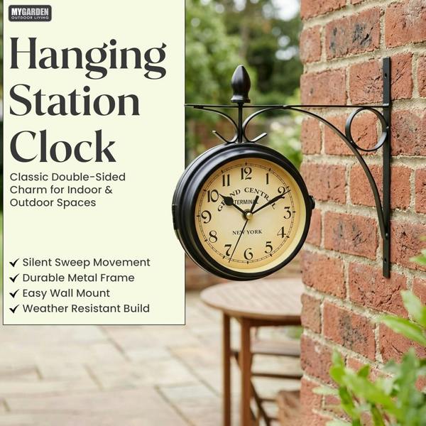 My Garden Outdoor Living My Garden Outdoor Station Clock - Weather Resistant Garden Wall Clock with Metal Bracket, Silent Vintage Hanging Design