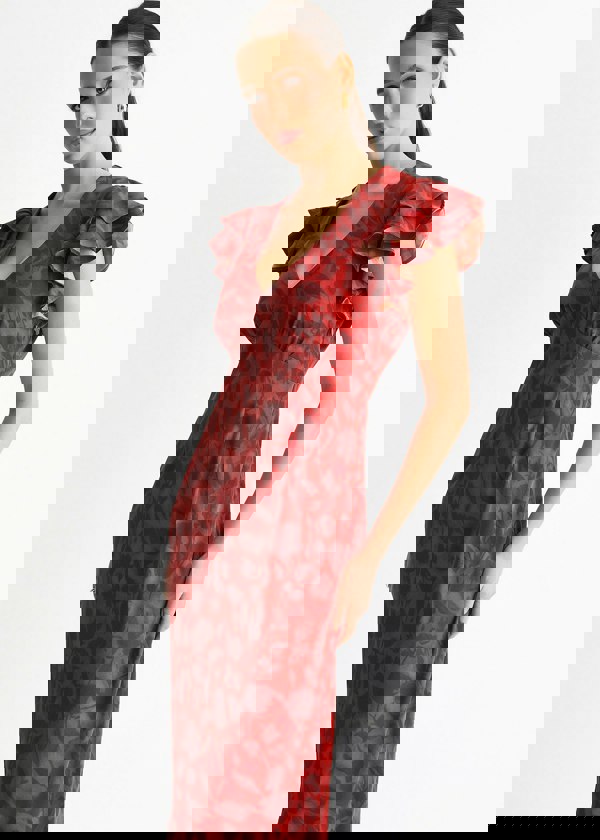 Gini London Red V Neck Floral Print Ruffle Maxi Dress