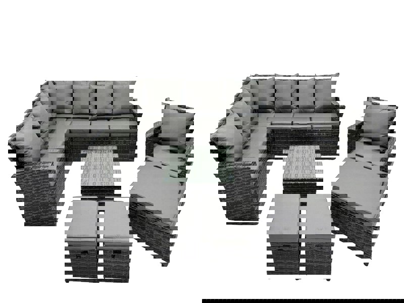 Fimous Poly Rattan Outdoor Patio Coffee Table Corner Sofa Set with 3 Stool Chair for Garden Backyard Dark Grey Mixed