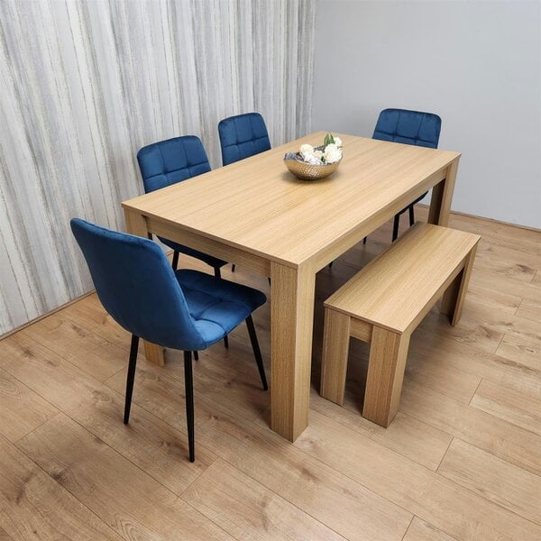 Kosy Koala Wooden Dining Table Set for 6 Oak Effect Table With 4 Blue Velvet Chairs and 1 Bench