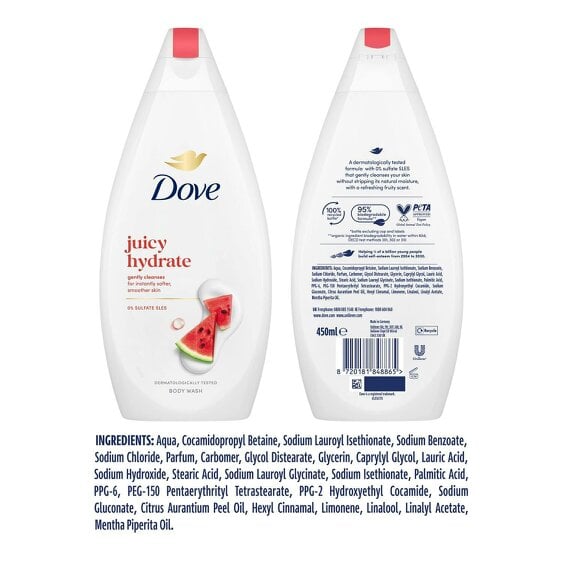 Dove Juicy Hydrate Body Wash, 0% Sulfates & SLES Gentel Cleansing 450ml