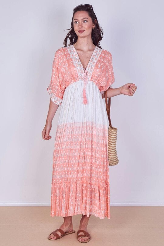 Boho Embroidered Maxi Dress with Tassel Tie – One Size (UK 8–14)