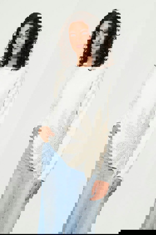 White | Floral Long Sleeve Embroidered Jumper : Model is 5'8"/172 cm and wears UK8/EU36/US4/AUS8