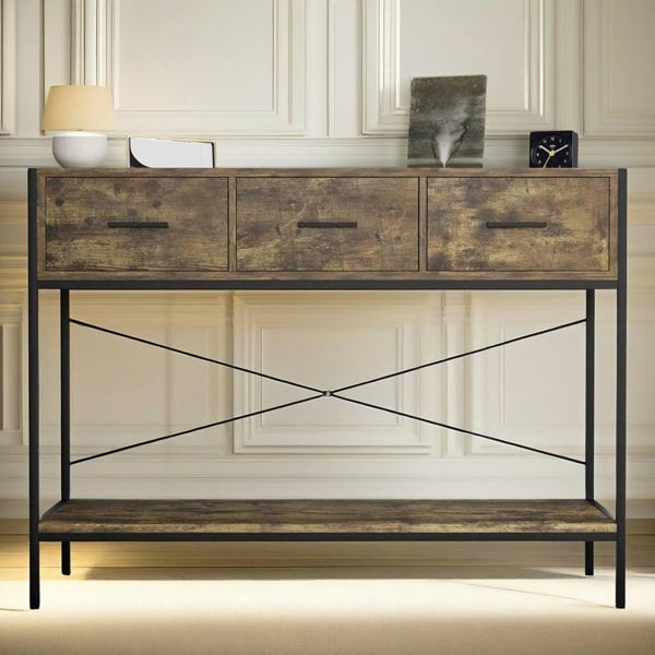 Rafaelo Mobilia 3 Drawer Industrial Console Table Dark Wood