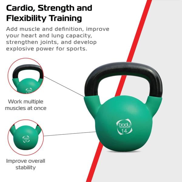 14kg green neoprene kettlebell with a black handle, designed for strength training, featuring workout benefits highlighted in text