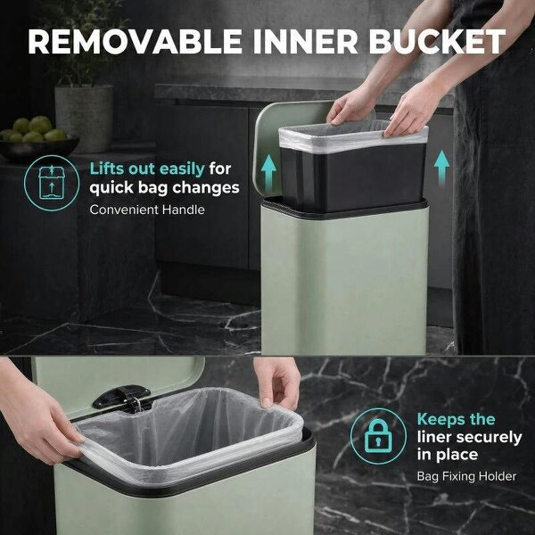 20 L Kitchen Pedal Bin, Metal Rubbish Bin with Removable Inner Bucket, Soft-Close & Stay-Open Lid, Light Green