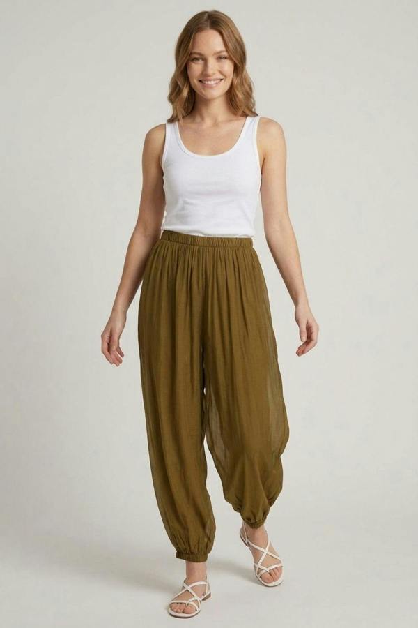 Olive | Semi Sheer Layer High Waist Harem Pants