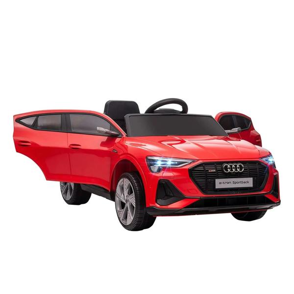 Red kids electric ride-on car with black steering wheel and open side door