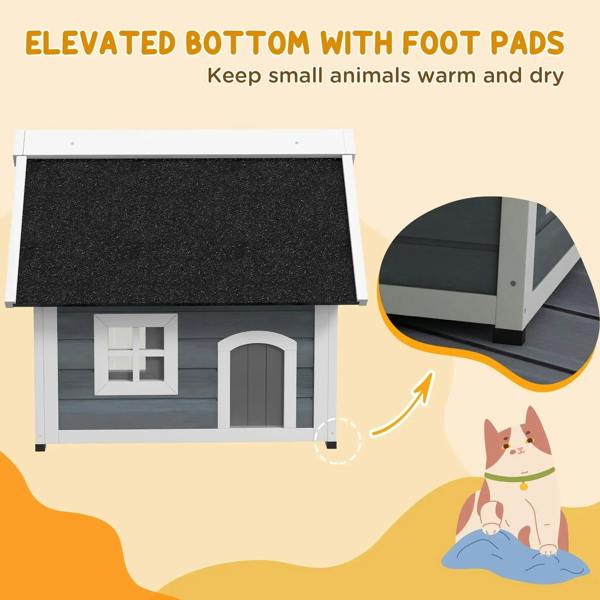 Grey wooden cat house raised on feet, with arched door and front window