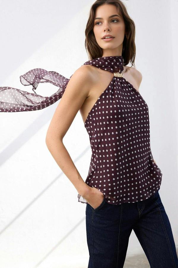 WOVCOR Polka Dot Halter Neck Woven Night Blouse with Gold Accessory Detail