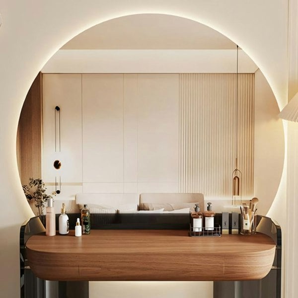 Thomas Dressing Table With Large LED Mirror, Walnut & Black-Weilai Concept-Weilai Concept