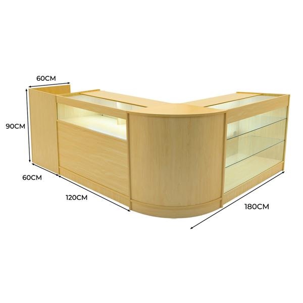 Polaris LED Shop Counter Set in maple finish, featuring curved design, glass display shelves, and ample storage space for retail use