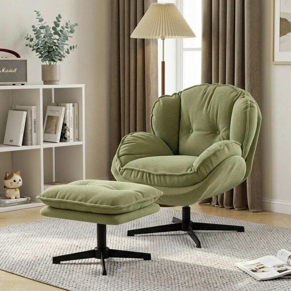 Armchair with Adjustable Footstool, 360-Degree Swivel Chenille Cloud Accent Chair with Thick Cushion, Steel Base, Green