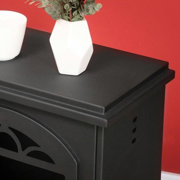 Black ethanol fireplace stove top panel with side air vents and arched door detail
