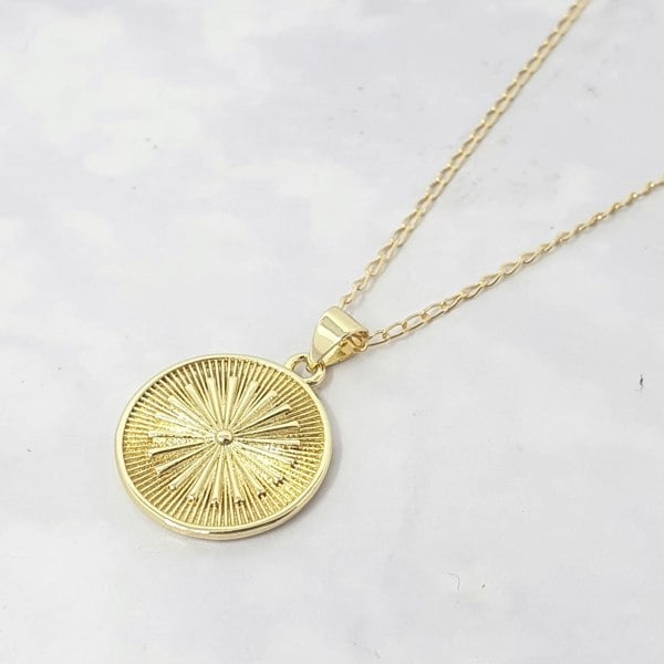 Gold Plated Round Coin Medallion Sun Charm Necklace