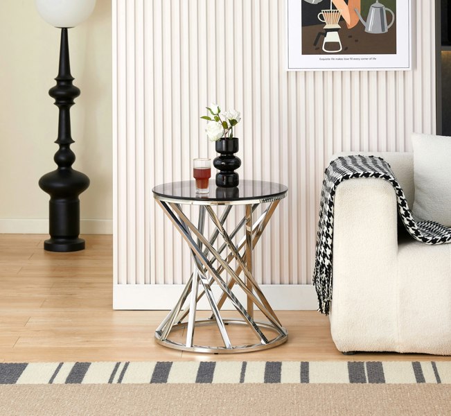 Comfy Living Round Metal Lamp Or Side Table With Tinted Glass Tempered Top Living Room