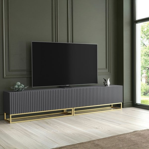 Mex Furniture Modular Grey TV Unit with Gold Base 200cm – Fluted Fronts & Push-Down Doors