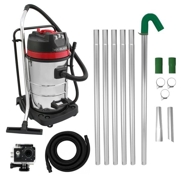 80L wet and dry vacuum with stainless steel body, red accents, gutter vacuum poles, 5m hose, camera, and various attachments