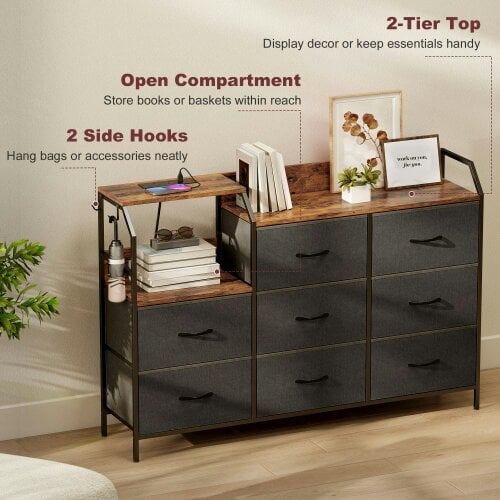 Wyld Haus Comke Metal And Wood Brown And Black 8 Drawer Storage Chest With Integrated Charging Station