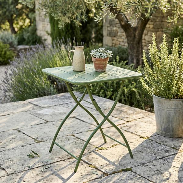 Core Products 3 Piece Bistro Garden Set, Pair Of Sunray Armchairs & Square Metal Folding Table, Moss Green With Wood Effect Legs