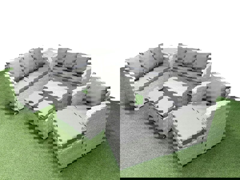 Fimous 10 Seater Poly Rattan Outdoor Garden Furniture Sofa Set Patio 3 Seater Sofa Reclining Chair 3 Seater Sofa 3 Stools Side Table Light Grey