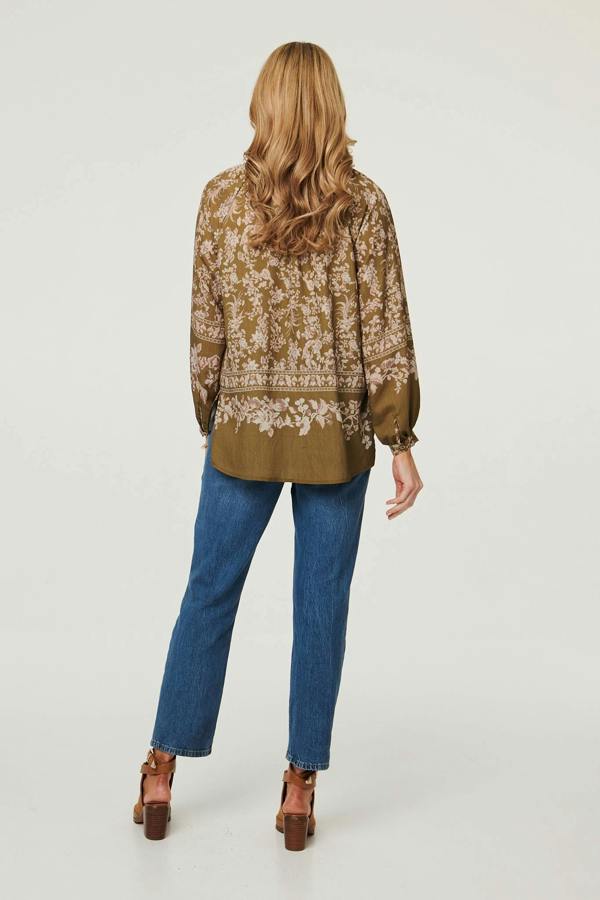 Green | Floral Long Sleeve High Neck Blouse
