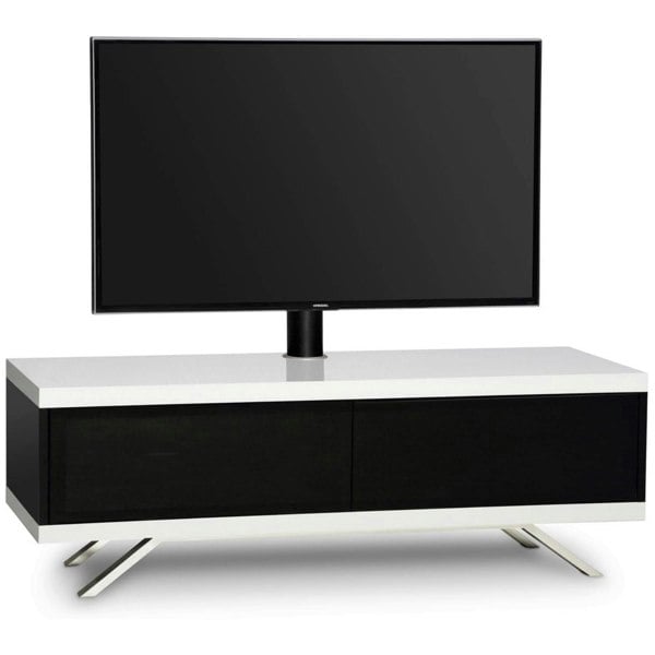 MDA Designs TUCANA 1200 Hybrid Black White TV Stand BeamThru Remote-Friendly Doors up to 60" Flat Screen TV Cabinet with Mounting Arm