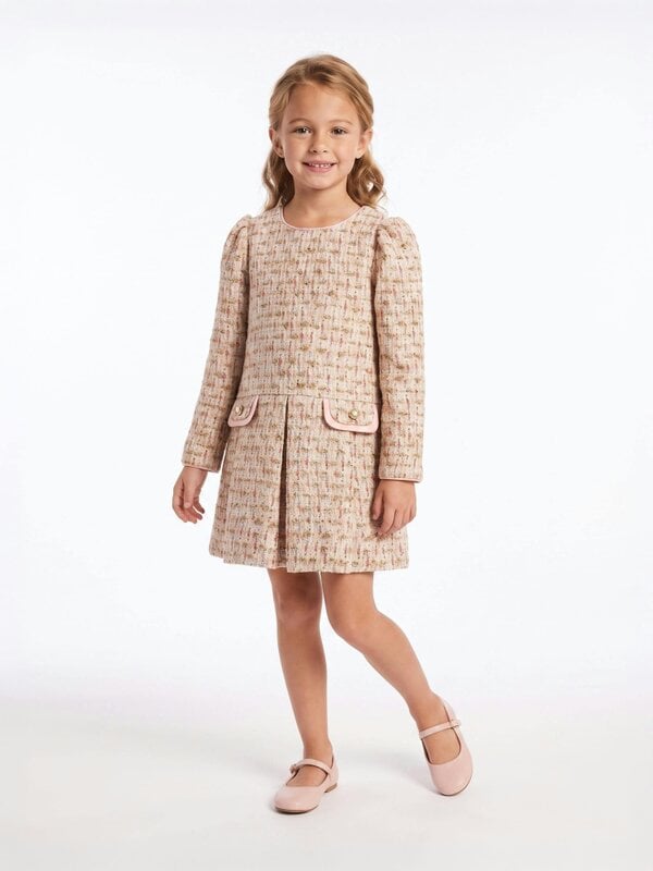 DRESS & Fleur Girls Long Sleeved Tweed Dress in Pink