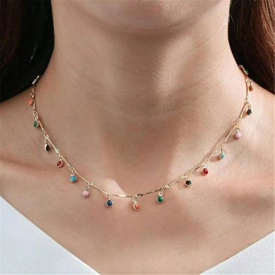 The Colourful Aura Gold and Silver Colourful Dainty Rainbow Dangly Choker Necklace