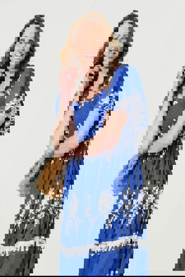 Blue | Ikat Print Short Angel Sleeve Maxi Dress
